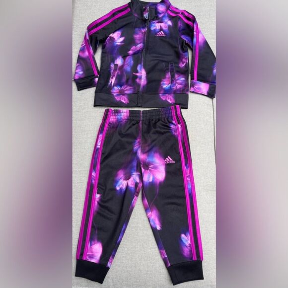 Adidas purple flower pattern 2-piece set,full zipper jacket, cuffed pants,2T/2TL - Picture 1 of 9